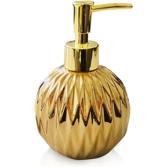 Ceramics Gold Soap Dispenser for Bathroom, Round Soap Dispenser with Delicate Embossed Rhombus Design (Black)