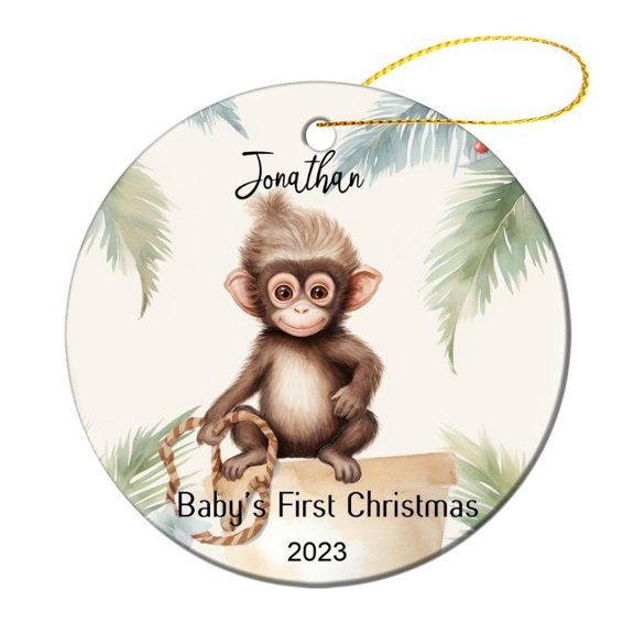 Ceramics Ornaments Baby Monkey Tucked in A Palm Tree Ceramic Double Sided Tree Xmas Ornament Cute Monkey Holiday Ornament for Home Christmas Tree Decor for Woman Friend Birthday