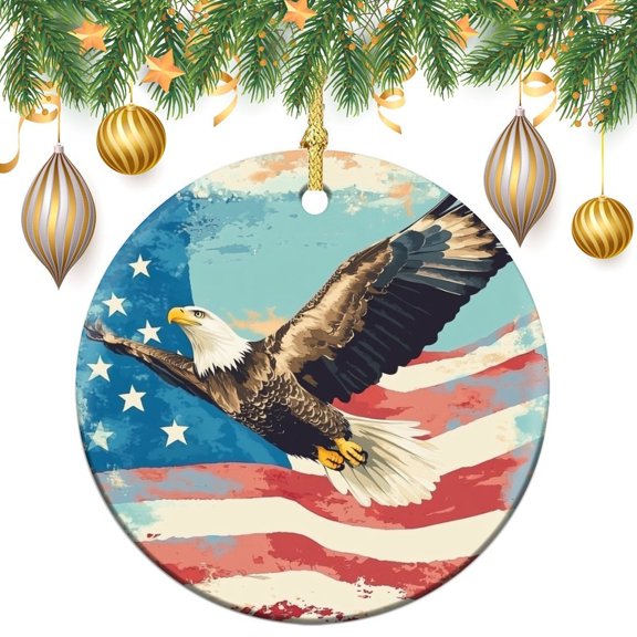Ceramics Ornaments Bald Eagle Flying over American Flag Christmas Bauble Eagle USA Flag Ornament for Christmas Tree Holiday Present