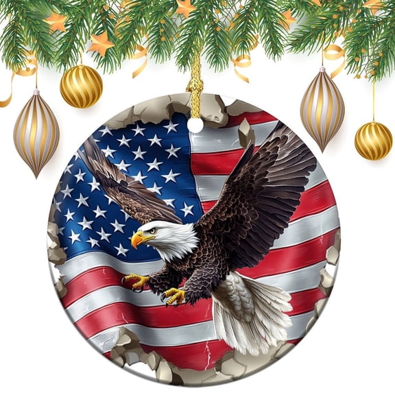 Ceramics Ornaments Bald Eagle On USA Flag Double-Sided Printed 3" Ceramic Christmas Ornament American Flag with An Eagle Christmas Home Office Tree Decorations Funny Gifts for Women/Men