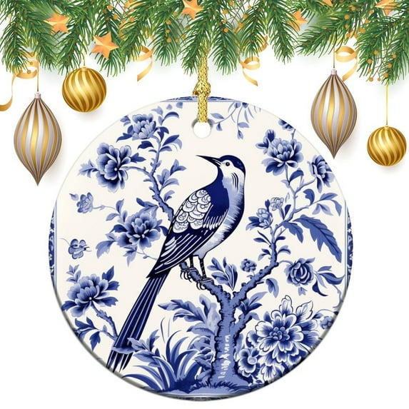 Ceramics Ornaments Blue And White Tile With Birds And Small Flower Double-Sided Ceramics Ornaments Vintage Style Flower Heart Bird Navy Blue White Collectible Present Gift Xmas Tree Decoration