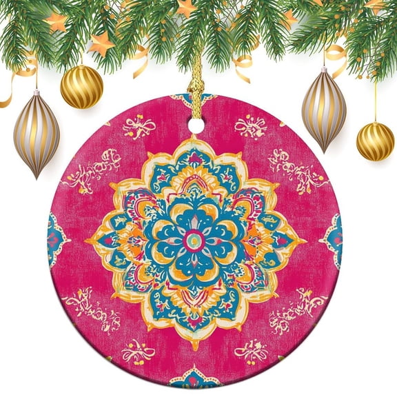 Ceramics Ornaments Bohemian Mandala Decoration Christmas Tree Ornaments Colorful Indian Mandala Xmas Tree Decorations Flat Circle Ceramic Ornament Funny Gifts for Women/Men