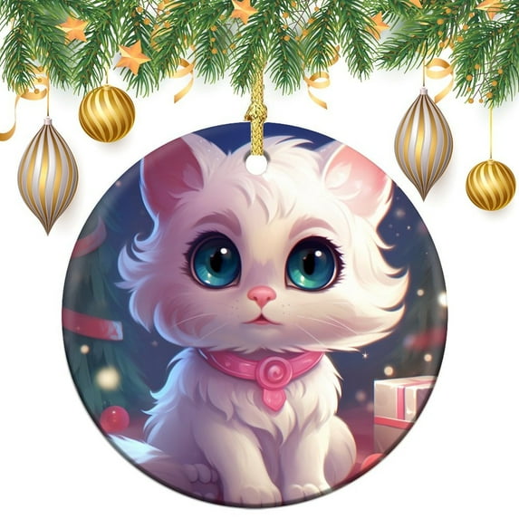 Ceramics Ornaments Cat Dad Gifts 3" Circle Ceramic Ornament Cute Cat Christmas Christmas Tree Ceramic Ornament Decoration for Woman Friend Birthday