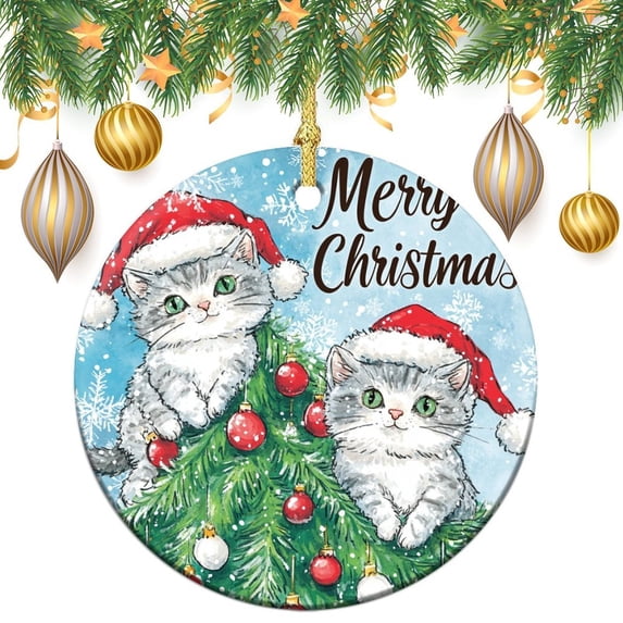 Ceramics Ornaments Cat Lover Gift Stocking Name Tags Two Cats in Santa Hats Christmas Tree Decorations Housewarming Gift