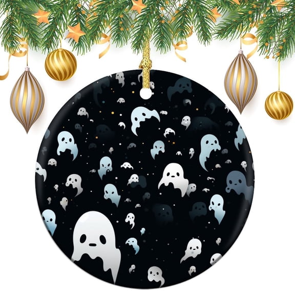 Ceramics Ornaments Fall Happy Halloween 3" Circle Ceramic Ornament Funny Ghost Cute Halloween Spooky Black And White Holiday Ornament for Home Christmas Tree Decor Holiday Present