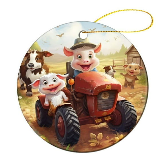 Ceramics Ornaments Happy Farmer Cute Farm Animals Double-Sided Printed 3" Ceramic Christmas Ornament Cartoon Cute Barnyard Animals Farmer Tractor Ornament for Christmas Tree Xmas Gift
