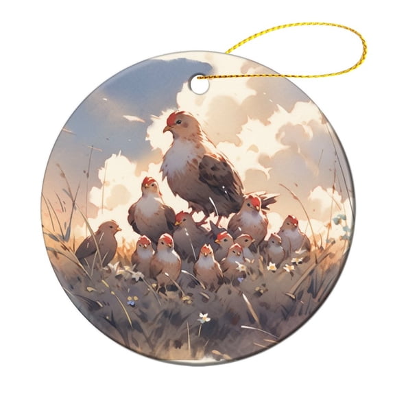 Ceramics Ornaments Hen And Her Chicks 3" Circle Ceramic Ornament Gifts for Chicken Lovers Ceramic Elegant Hanging Christmas Tree Decorations Xmas Gift
