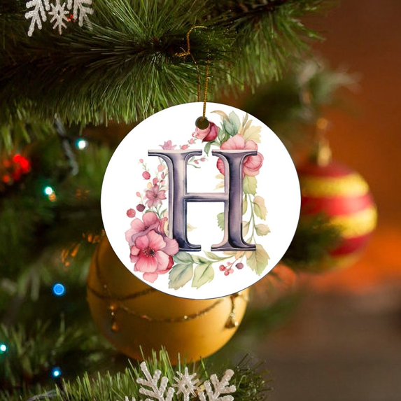 Ceramics Ornaments Letter H Monogram Letter Floral Watercolor Customized Round Ceramic Ornament Floral Initial for Christmas Tree Decoration Xmas Party Decorations for Woman Friend Birthday
