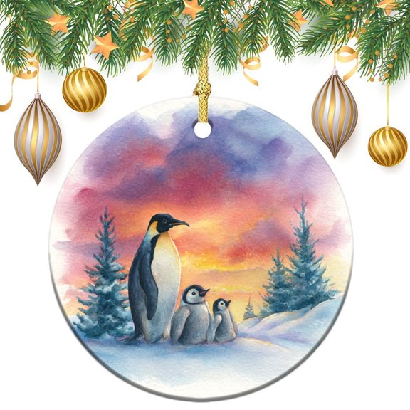 Ceramics Ornaments Penguin Decoration Ornament Keepsake Penguins And Pine Trees Xmas Tree Decorations Flat Circle Ceramic Ornament for Woman Friend Birthday