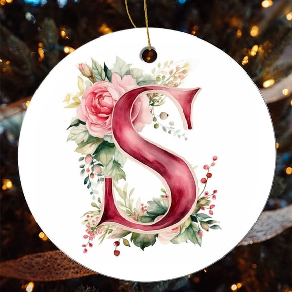 Ceramics Ornaments Personalized Family Last Name 3" Circle Ceramic Ornament Letter S Monogram Letter Watercolor Merry Christmas Wreath for Boys Girls Round Ceramic Christmas Decoration