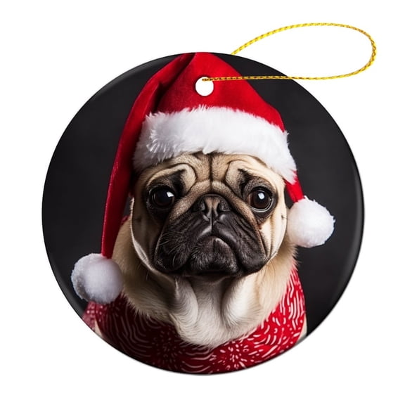 Ceramics Ornaments Pug Wear Santa Hat 3" Circle Ceramic Ornament Funny Pet Xmas Tree Decorations Flat Circle Ceramic Ornament Gifts for Women Men On Christmas