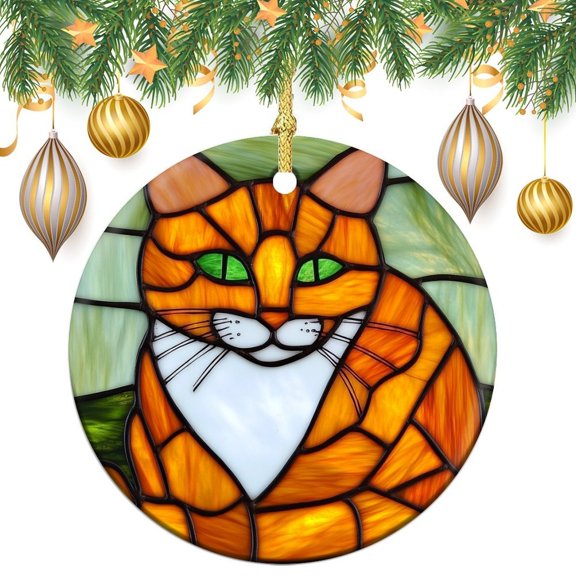 Ceramics Ornaments Stained Glass Depiction of An Orange Cat Double-Sided Printed 3" Ceramic Christmas Ornament Funny Cute Cat Keepsake Funny Christmas Hanging Tree Decor Ornament