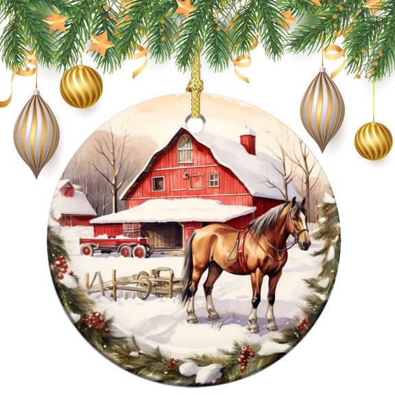 Ceramics Ornaments Winter Holiday Red Barns And Horse Double-Sided Printed 3" Ceramic Christmas Ornament Merry Christmas Winter Xmas Holiday Ornament for Home Christmas Tree Decor