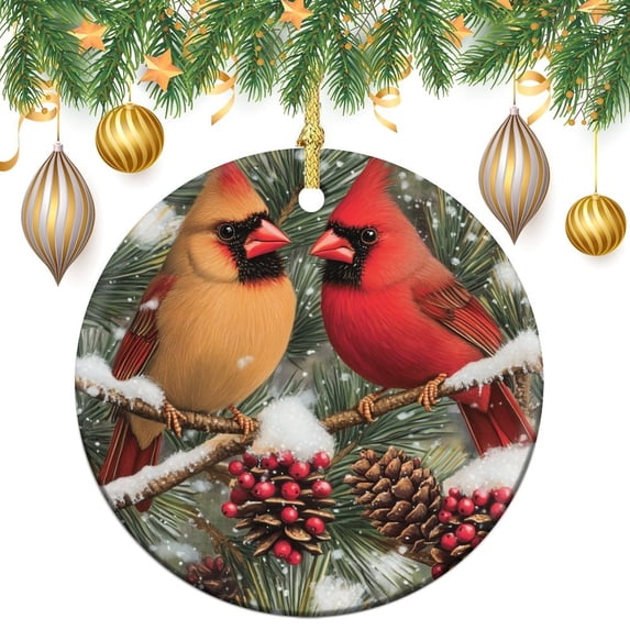 Ceramics Ornaments Xmas Rustic Style Winter Christmas Bauble Cardinal Bird with Pine Twigs Berry Collectible Present Gift Xmas Tree Decoration for Family Friend