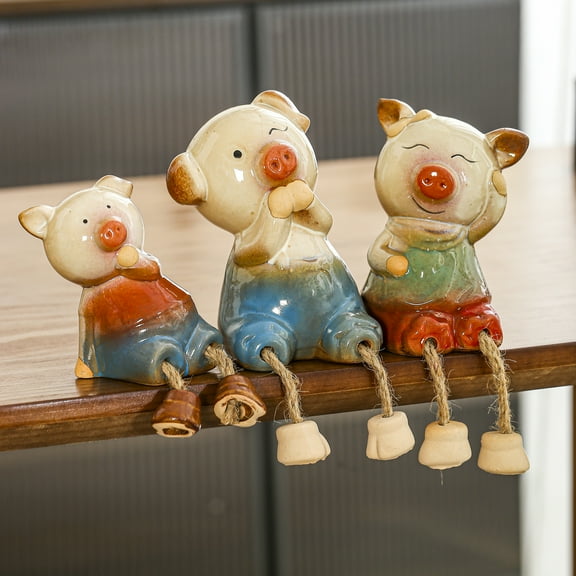Ceramics Pig Crafts Statue Cartoon Animal Figurine Cabinet Desktop Home Ornament Set of 3