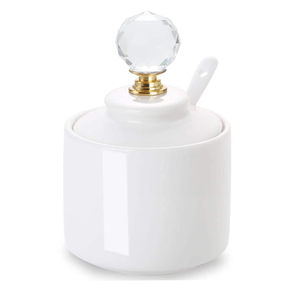 Ceramics Salt Bowls, 8 Ounce Sugar Bowl with Crystal Lid and Spoon for Home Kitchen, Salt Container, Christmas Gift Ideas (Round Gold)