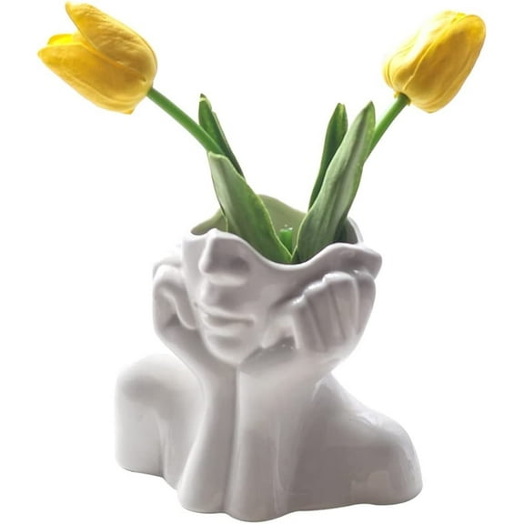Ceramics Statue Flower Vase Face Pots Bust Head Shaped,Scheam Ceramic Vase, Solid Color Half Face Shaped Flower Container Artware for Birthday Gifts Home Office Decoration (White)