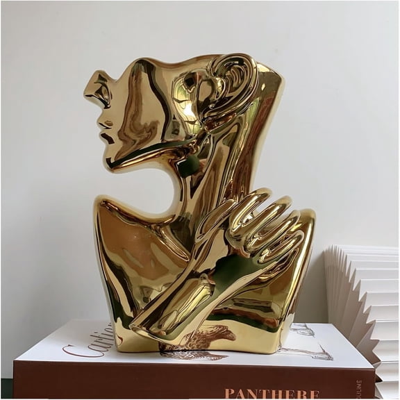 Ceramics Statue Flower Vase Face Pots Bust Head Shaped for Birthday Gifts Home Office Decoration (Gold)