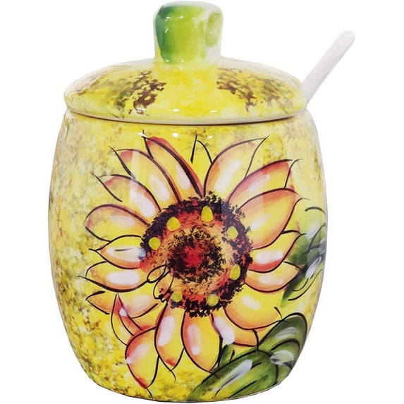 Ceramics Sunflower Hand Painted Painting Sugar Salt Pepper Storage Jar with Lid And Spoon