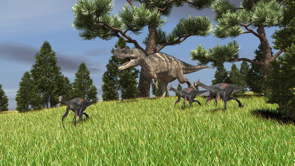 Ceratosaurus chasing a group of Gigantoraptors Canvas Art - Kostyantyn IvanyshenStocktrek Images (19 x 11)
