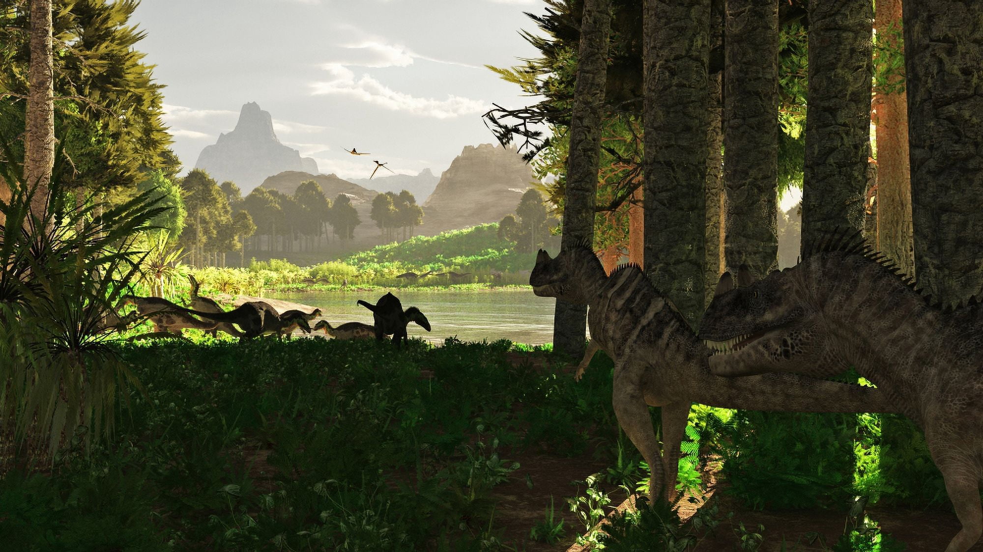Ceratosaurus dinosaurs stalk a herd of Camptosaurus eating plants Canvas Art - Arthur DoretyStocktrek Images (19 x 11)