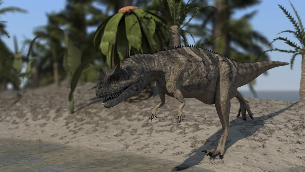 Ceratosaurus hunting on the shoreline of a lake Canvas Art - Kostyantyn IvanyshenStocktrek Images (19 x 11)