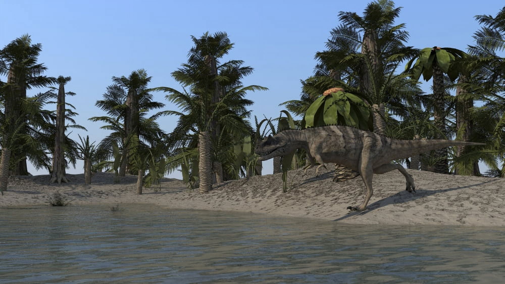 Ceratosaurus hunting on the shoreline of a lake Canvas Art - Kostyantyn IvanyshenStocktrek Images (38 x 22)