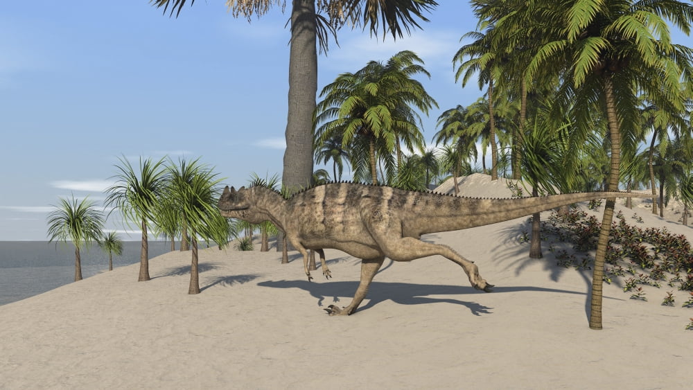 Ceratosaurus running across a tropical landscape Canvas Art - Kostyantyn IvanyshenStocktrek Images (38 x 22)
