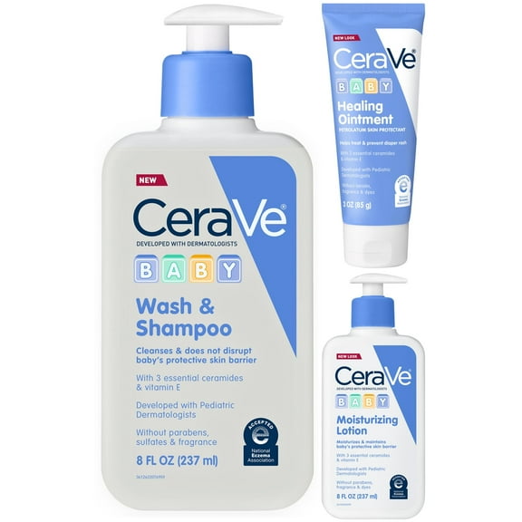 CeraVe Baby Essentials Bundle: Wash & Shampoo (8 fl oz) + Healing Ointment (3 oz) + Moisturizing Lotion (8 oz)