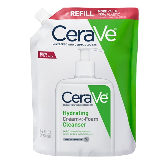 CeraVe Hydrating Cream-to-Foam Cleanser & Makeup Remover for Dry Skin, Refill 16 fl oz