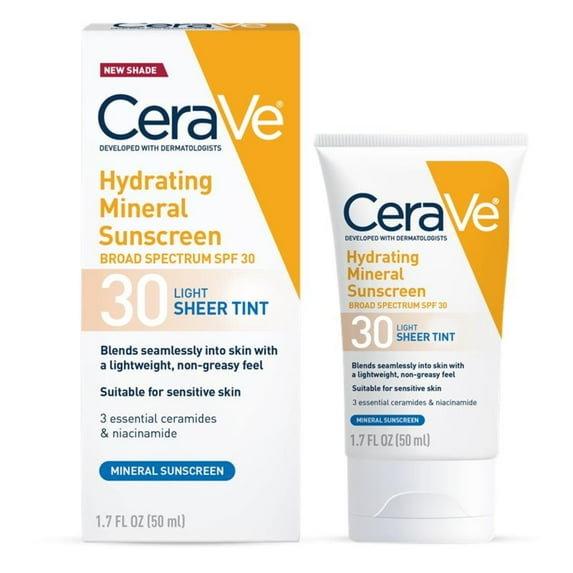 CeraVe Tinted Hydrating Mineral Sunscreen Lotion SPF 30 for Face with Sheer Tint