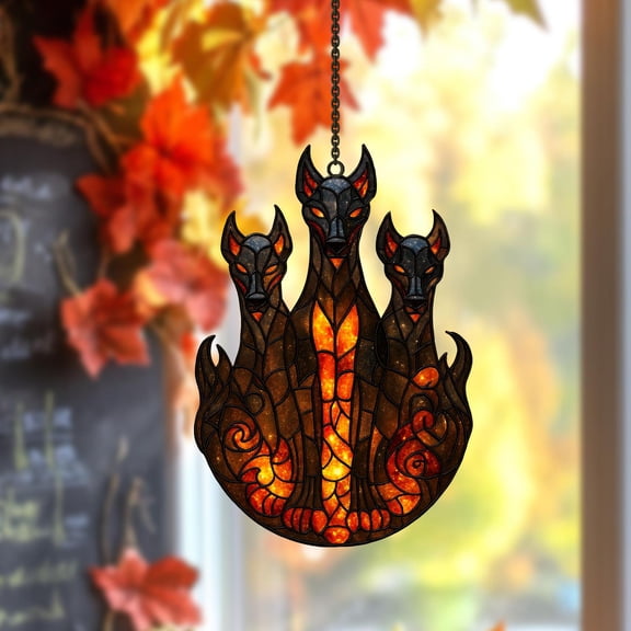 Cerberus Fiery Three-Headed Hellhound Acrylic Suncatcher Gothic Fantasy Flames Window Decor Myth Monster Lover Gift