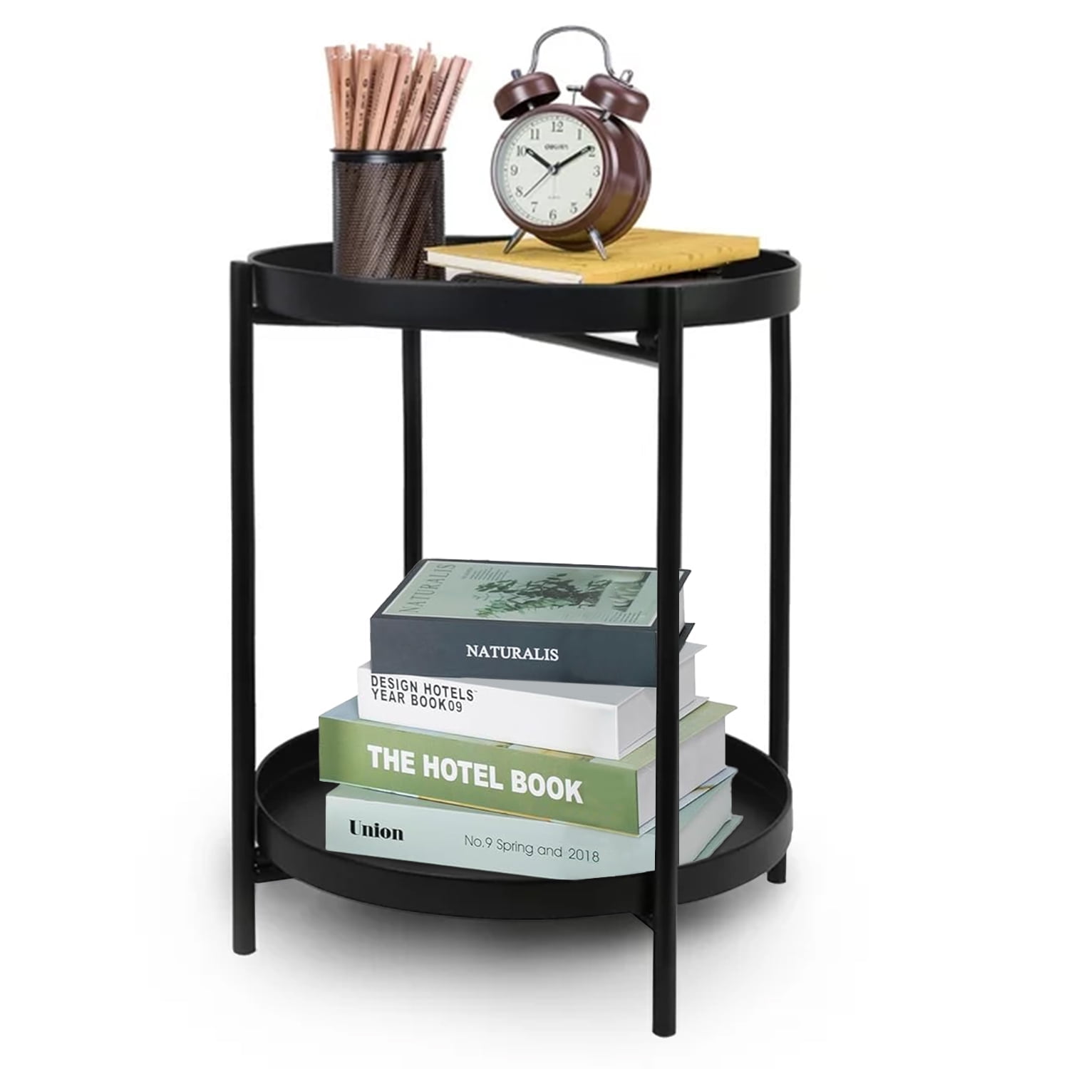 Cerbior 2-Tier Metal Tray End Table, Round Accent Coffee Side Table, Anti-Rust and Waterproof Sofa Side Table for Living Room Bedroom Balcony (Black)