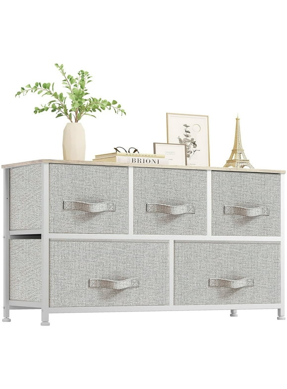 Cerbior 5 Drawer Dresser for Bedroom Tall Fabric Storage Tower Cabinet Bin for Living Room Kids Room - Grey