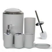 Cerbior 6 Pcs Plastic Bathroom Set Trash Can, Toothbrush Cup 1x Toilet Brush with Holder, Grey