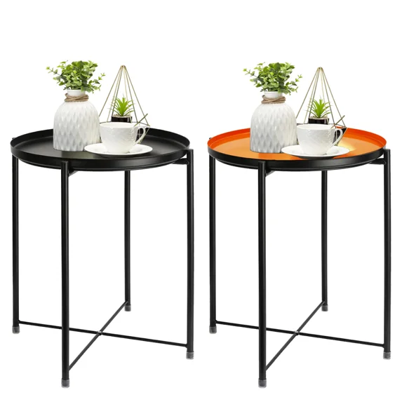 Cerbior Metal Tray End Table, Round Accent Coffee Side Table, Anti-Rust and Waterproof Outdoor Small Side Table, Indoor Modern Sofa Side Table Bedside Table for Living Room(Black+Black Orange)