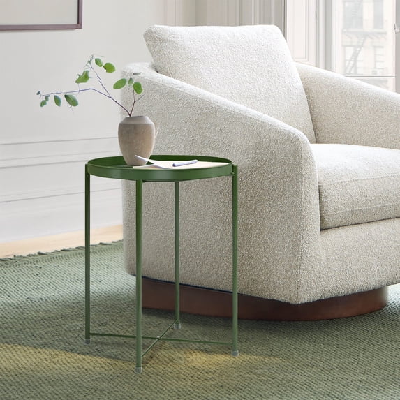Cerbior Metal Tray End Table, Round Accent Coffee Side Table, Anti-Rust and Waterproof Outdoor Small Side Table, Indoor Modern Sofa Side Table Bedside Table for Living Room Bedroom Balcony (Green)