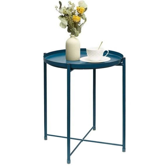 Cerbior Metal Tray End Table, Round Accent Coffee Side Table, Anti-Rust and Waterproof Outdoor Small Side Table, Indoor Modern Sofa Side Table Bedside Table for Living Room Bedroom (Deep Blue)