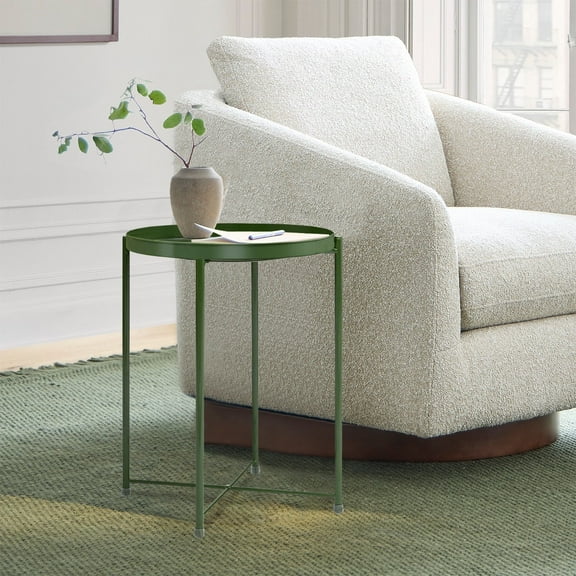 Cerbior Metal Tray End Table, Round Accent Coffee Side Table, Anti-Rust and Waterproof Outdoor Small Side Table, Indoor Modern Sofa Side Table Bedside Table for Living Room Bedroom Balcony (Green)