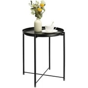 Cerbior Metal Tray End Table, Round Accent Coffee Side Table, Anti-Rust and Waterproof Outdoor Small Side Table, Indoor Modern Sofa Side Table Bedside Table for Living Room Bedroom Balcony (Black)