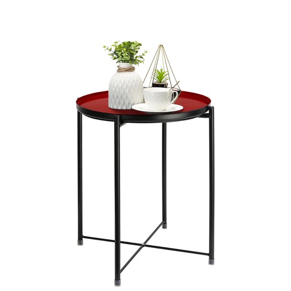 Cerbior Metal Tray End Table, Round Accent Coffee Side Table, Anti-Rust and Waterproof Outdoor Small Sofa Table Bedside Table for Living Room Bedroom Balcony (Red mix Black)