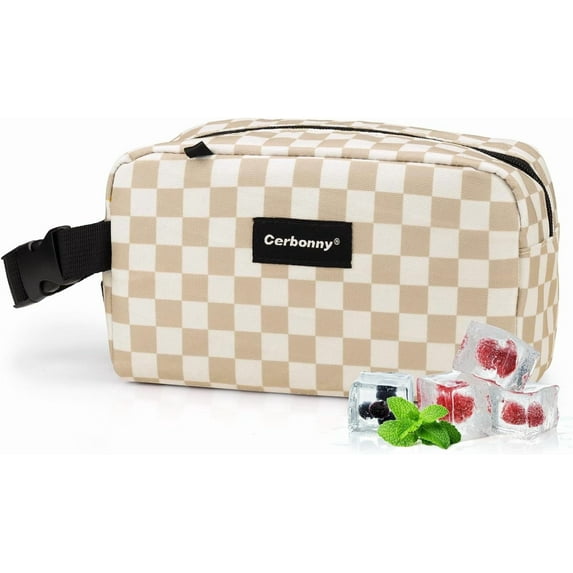 Cerbonny Mini Cooler Bag, Freezable Lunch Bag & Snack Bag, Insulated Bag for Travel/Work/School, Small Cooler Lunch Box with Detachable Gel Packs,Khaki Checkerboard