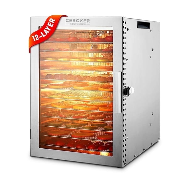 CERCKER Food-Dehydrator Machine 12 Stainless Steel Trays, 800W Food Dehydrator Jerky Maker with 24H Timer and 70℉-190℉ Temperature Control