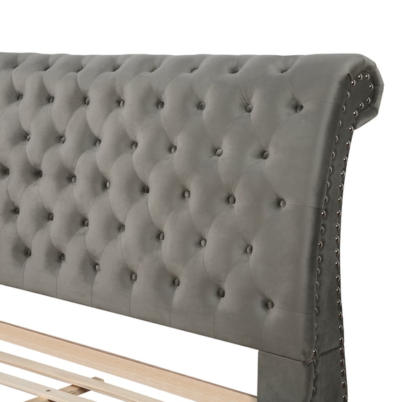 Cerderia Velvet Upholstered Button Tufted Nailhead Trim Sleigh Bed, Gray