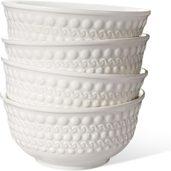 Cereal Bowls - Ceramic Soup Bowls for Kitchen Embossment White Breakfast Bowls for Rice, Pasta, Fruits, Salad, Ramen,Dishwasher & Microwave Safe