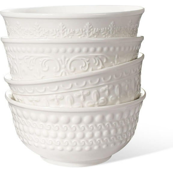 Cereal Bowls Set of 4 - Kitchen Ceramic Soup Bowls 30 oz Embossed White Breakfast Bowls for Rice, Pasta, Fruit, Salad, Ramen, 6.25 Inch, Dishwasher and Microwave Safe (Various Patterns)
