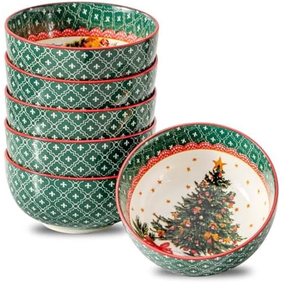 Cereal Bowls Set of 6, 20 oz Christmas Ceramic Soup Bowls, Small Serving Dishes Set for Kitchen, Ideal for Salad, Pasta, Oatmeal, Ramen, Fruit, Dishwasher & Microwave Safe