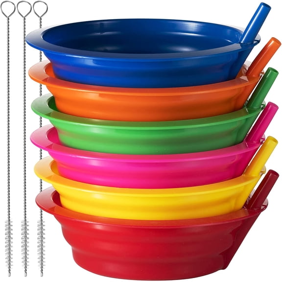 JoyServe Cereal Bowls with Built-In Straws, 6 Pack, 20 oz BPA-Free Kids Bowls with 3 Straw Brushes