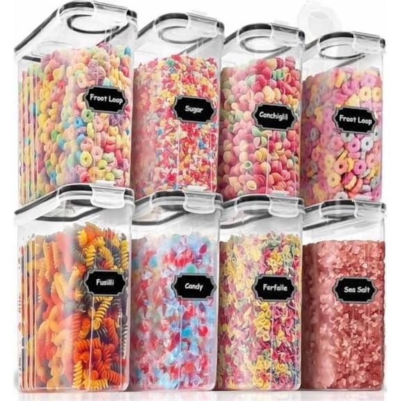 Cereal Containers Storage Set (4L,135.2 Oz), 8PCS Airtight Food Storage Containers with Lids for Kitchen & Pantry Organizers and Storage, Cereal Dispensers with 20 labels, Measuring Cup & Marker