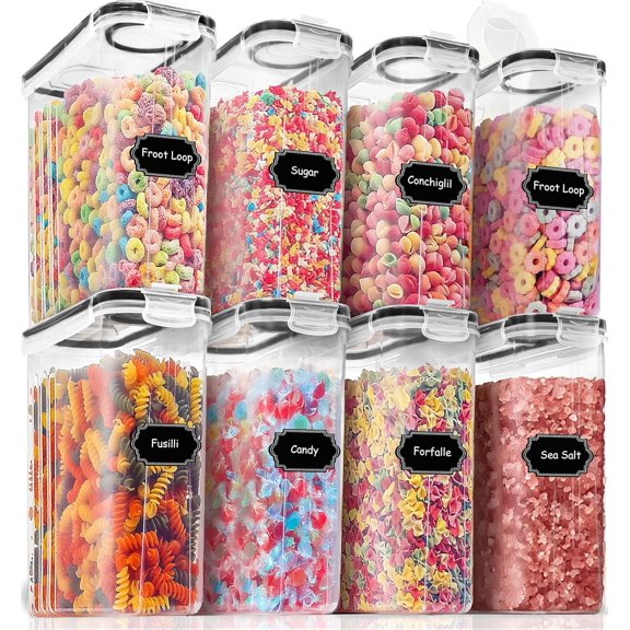 Cereal Containers Storage Set (4L,135.2 Oz), 8PCS Airtight Food Storage Containers with Lids for Kitchen & Pantry Orrs and Storage, Cereal Dispensers with 20 labels, Measuring Cup & Marker